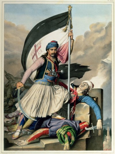 Voyage to Athens and Constantinople: Nickolaki Mitropolos taking the standard of the Cross at Salona on Easter Day in 1821 by Louis after Dupre